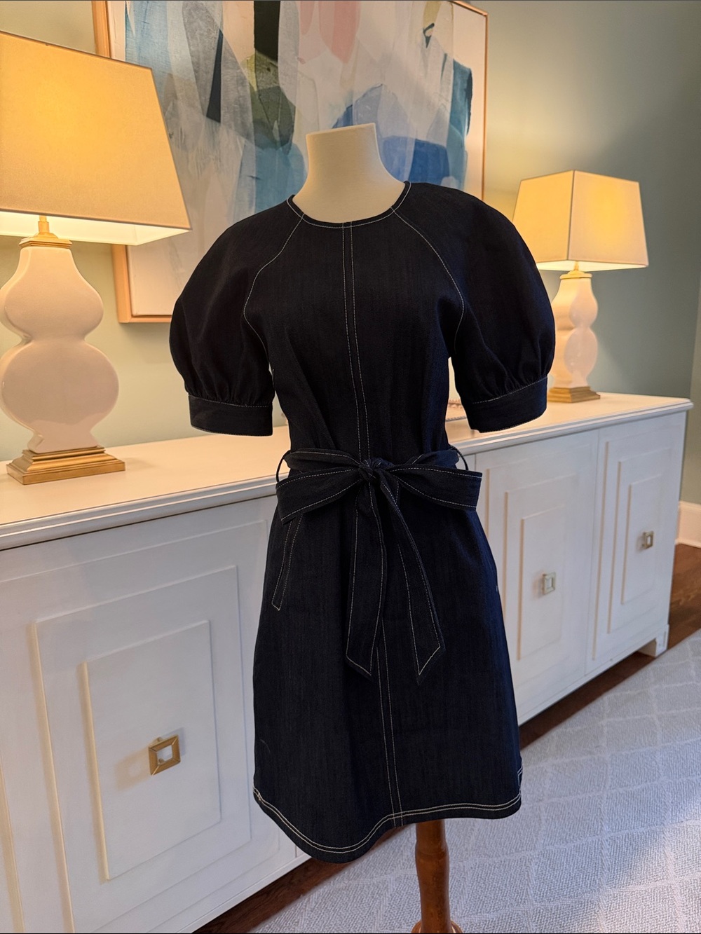 Cinq a Sept -Navy denim  Puff-Sleeve Denim Dress with Tie Waist and back zip